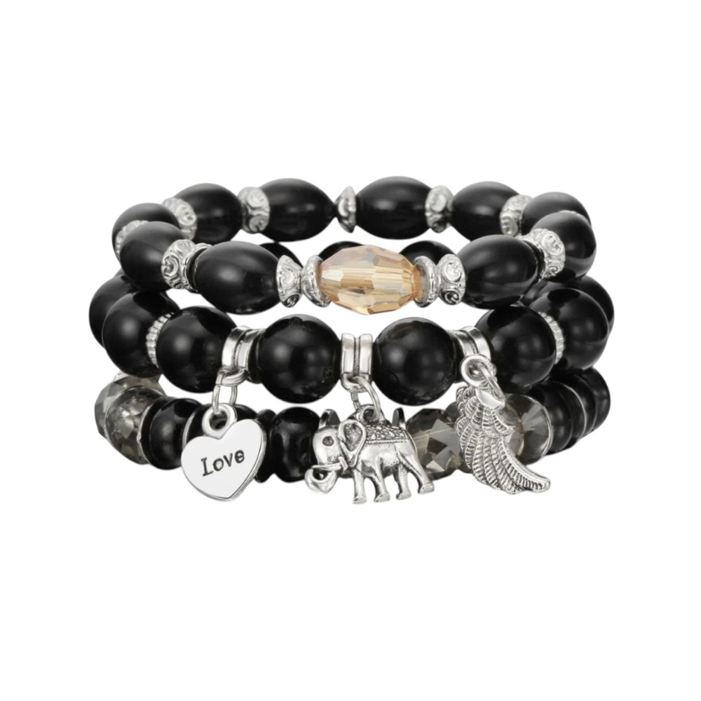 Vertical Collection Black Beaded BoHo Charm Bracelet Love Elephant Angel NEW